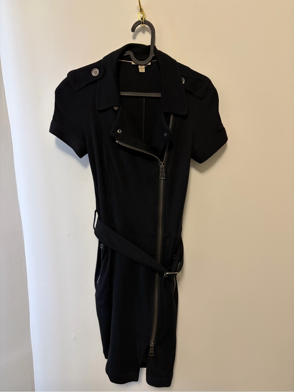 Burberry Black Short-Sleeve Zip-Front Midi Dress with Belt